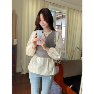 [Sseoul. KOREA] Áo sơ mi nữ cổ tròn có dây đi kèm thắt eo dịu dàng, nữ tính 2024