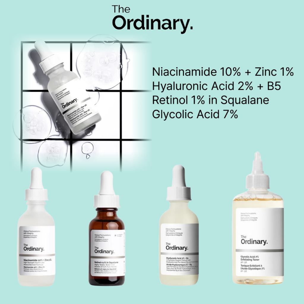 The Ordinary Niacinamide Zinc, Serum, Retinol Serum, Hyaluronic Acid B5, Glycolic Acid, Pore Serum