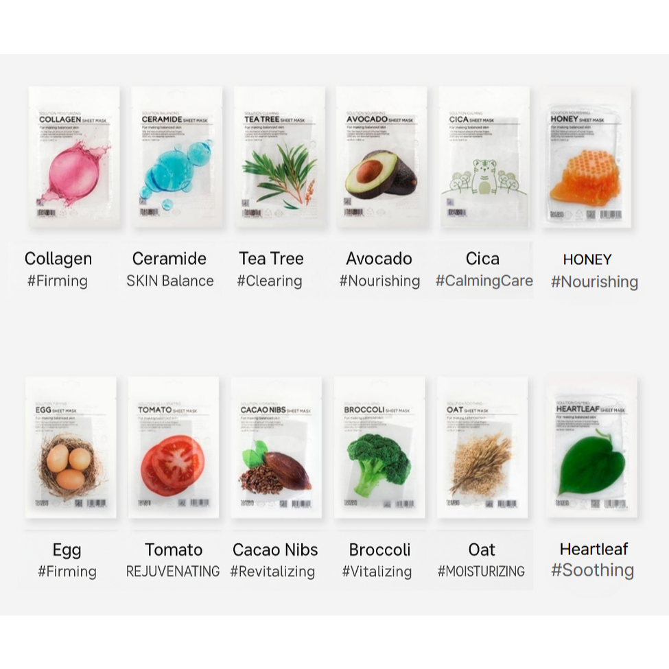 [Tenzero] Solution Sheet Mask – 12 Variant Packs (10 Masks per Type) /  [Tenzero] Mặt Nạ Dưỡng Da So