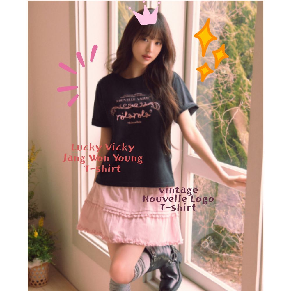 Lucky Vicky Jang Won Áo thun trẻ RolaRola vintage nouvell logo nửa áo thun nổi tiếng Hàn Quốc, Áo th