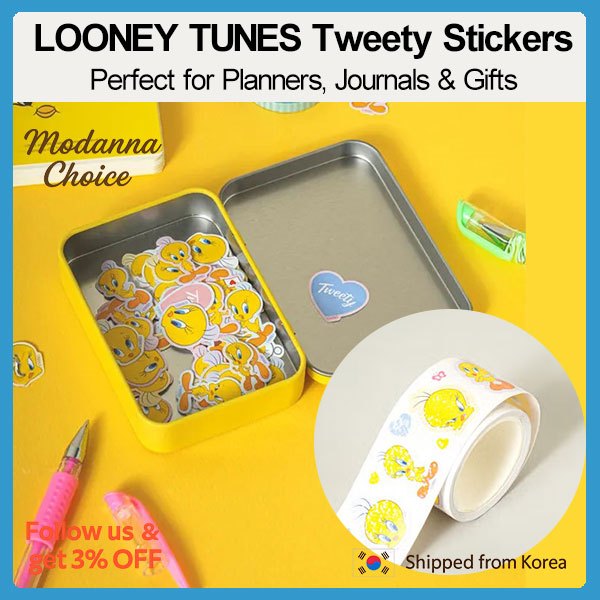 Bộ nhãn dán Tweety LOONEY TUNES | Nhãn dán cuộn 100 chiếc | Bộ nhãn dán hộp thiếc | Nhãn dán trang t