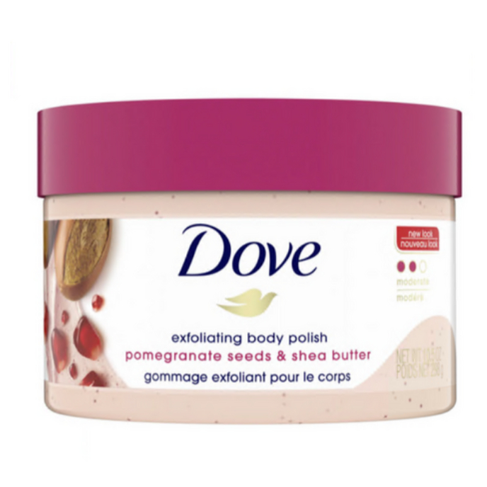 Dove Tẩy Tế Bào Chết Toàn Thân Hạt Lựu & Bơ Shea 298ml – Nuôi Dưỡng Tẩy Tế Bào Chết Cho Da Phát Sáng