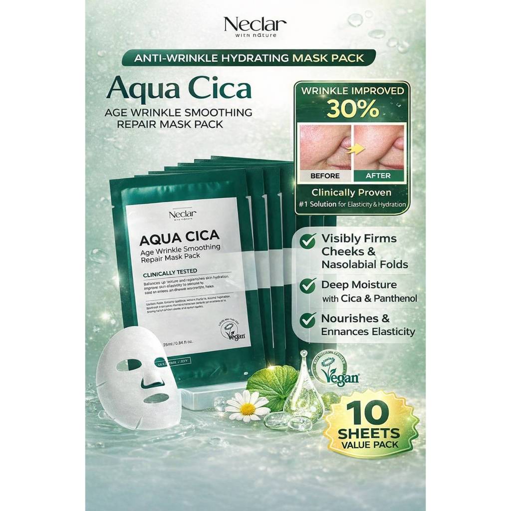 Neclar Aqua Cica Repair Mask Pack 10 tờ Hydrating Firming Sheet Mask Panthenol Cica Sensitive Skin C