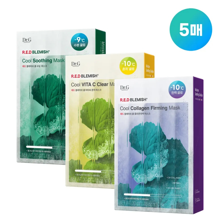 [Olive Young] Tấm mặt nạ Dr.G Red Blemish 5, 10 tờ - Cool Soothing, Cool Vita C Clear, Collagen Firm