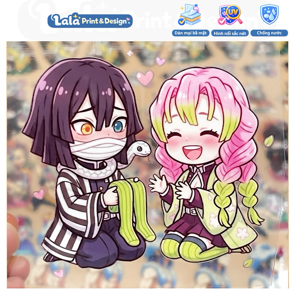 Tem Sticker Decal UV DTF Misturi x Obanai chibi dễ thương Dán bình nước, Dán ly Dán Laptop, Dán Nón 