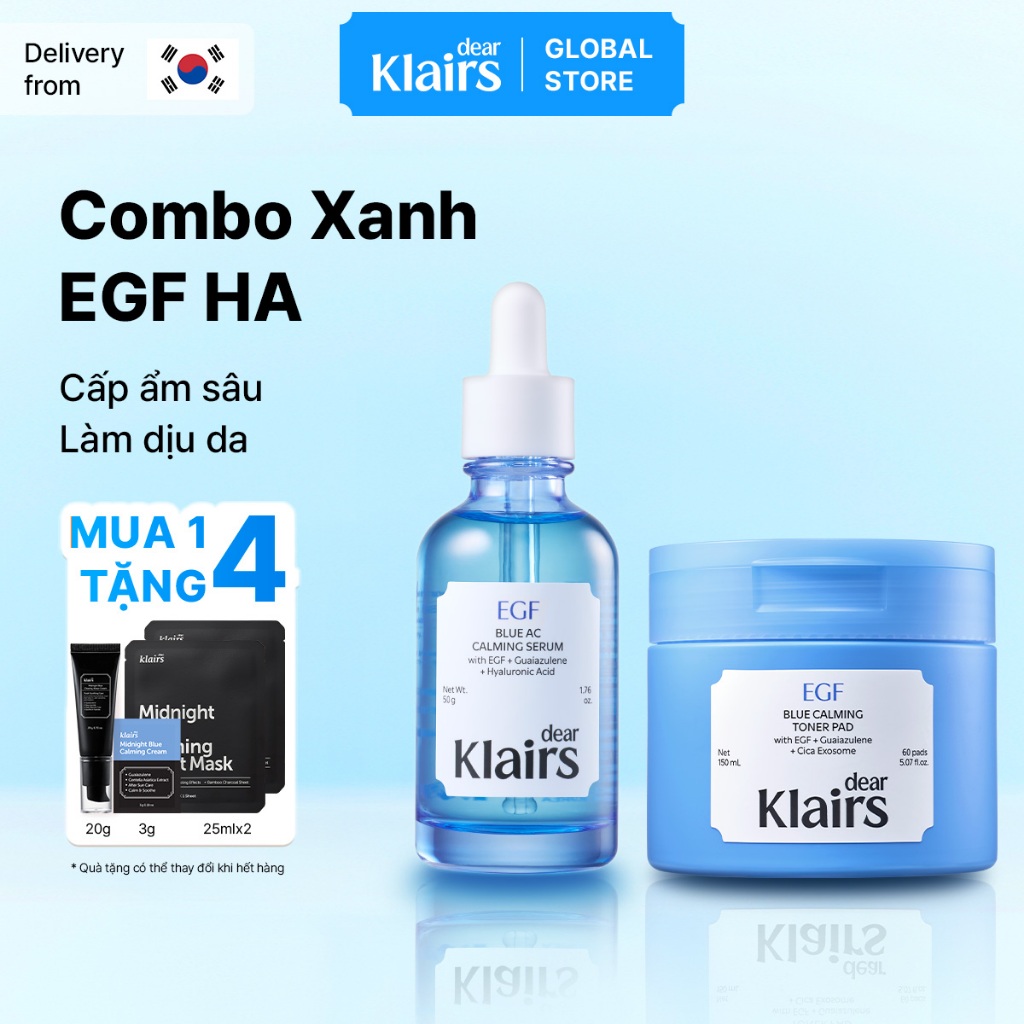 [Klairs Global] [Combo Xanh EGF HA] Dear Klairs EGF Blue AC Calming Serum 50g+ EGF Blue Calming Tone