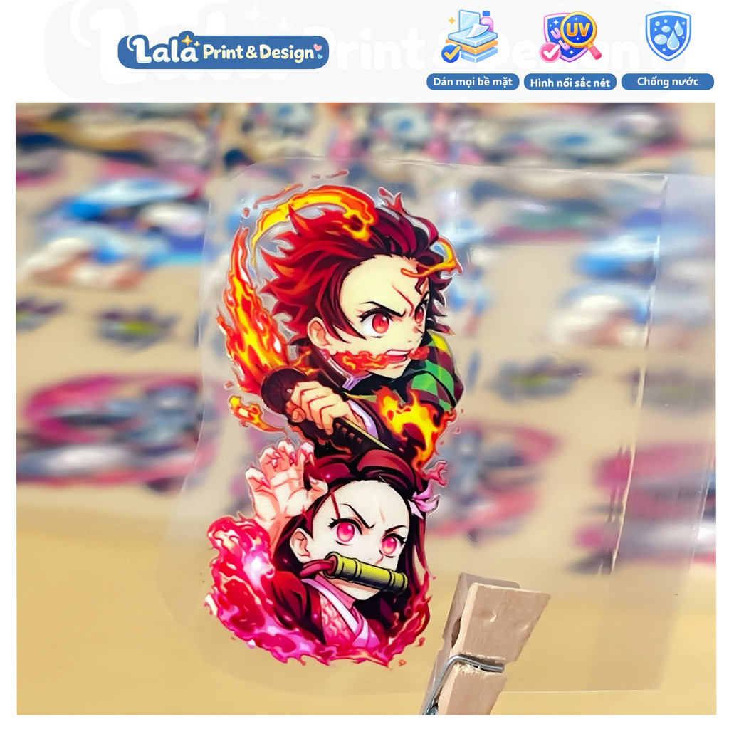 Tem Sticker Decal UV DTF Nezuko x Tanjiro cực đẹp Dán bình nước, Dán Laptop, Dán ly, Dán Nón bảo hiể
