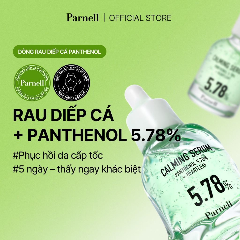 [Parnell Chính hãng] Tinh chất rau diếp cá Panthenol 5.78%, Provitamin B5 phục hồi da, hỗ trợ giảm mụn Parnell Panthenol 5.78 Heartleaf Calming Serum 30ml