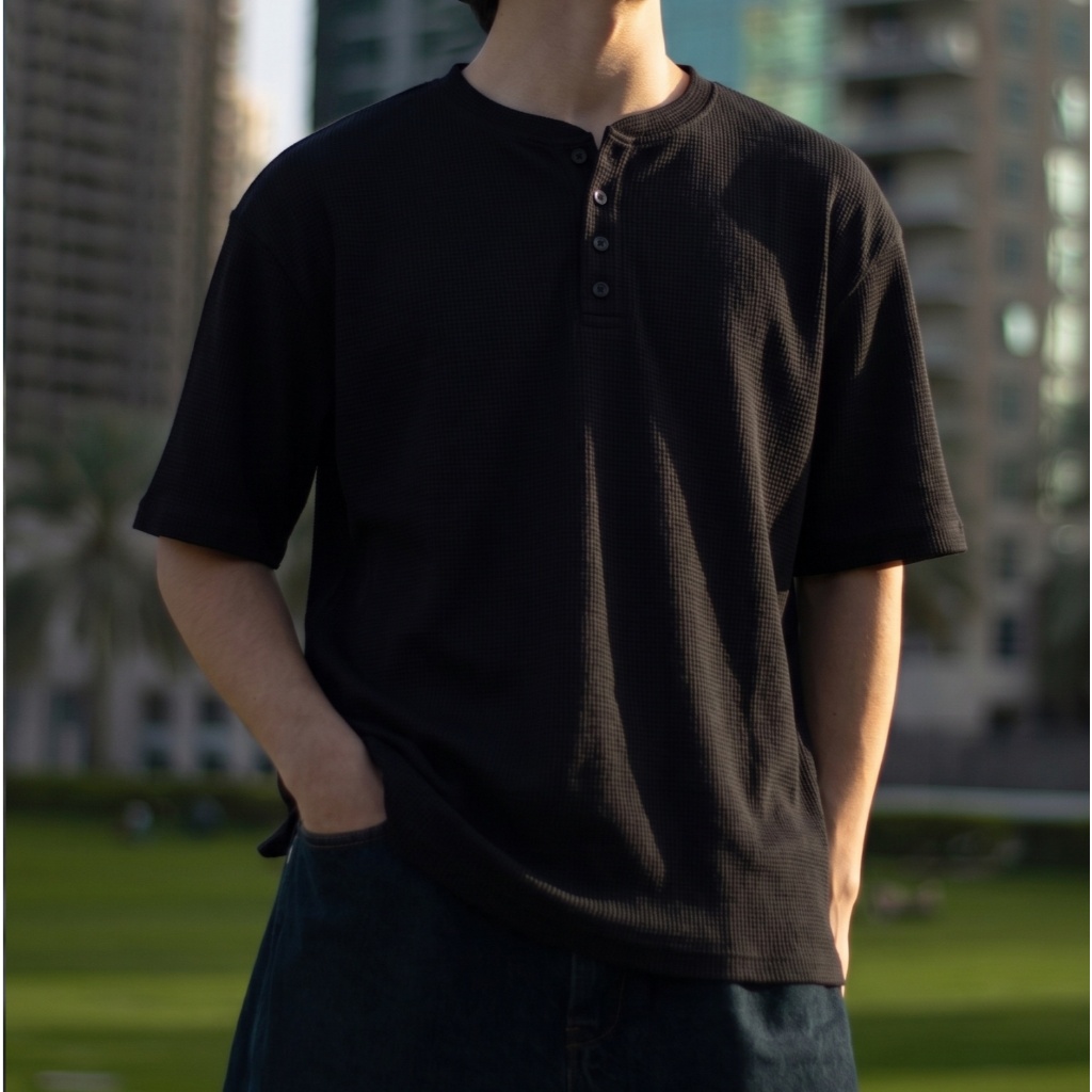 Áo thun nửa cổ Henley Waffle phong cách Hàn Quốc