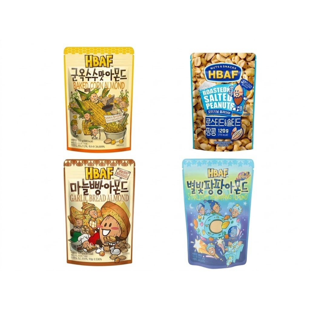 [HBAF] snack hạnh nhân dày dặn Hàn Quốc 120g 10 Hương vị (bơ mật ong, bánh mì tỏi, bánh quy và kem, 