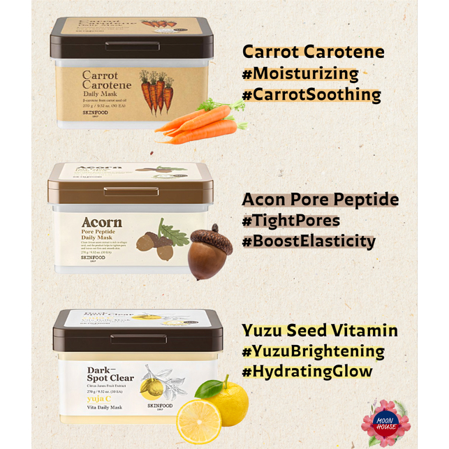 Skinfood Carrot Carne Daily Mask, Yuzu Seed Daily Mask, và Acon Pore Peptide Daily Mask 270g