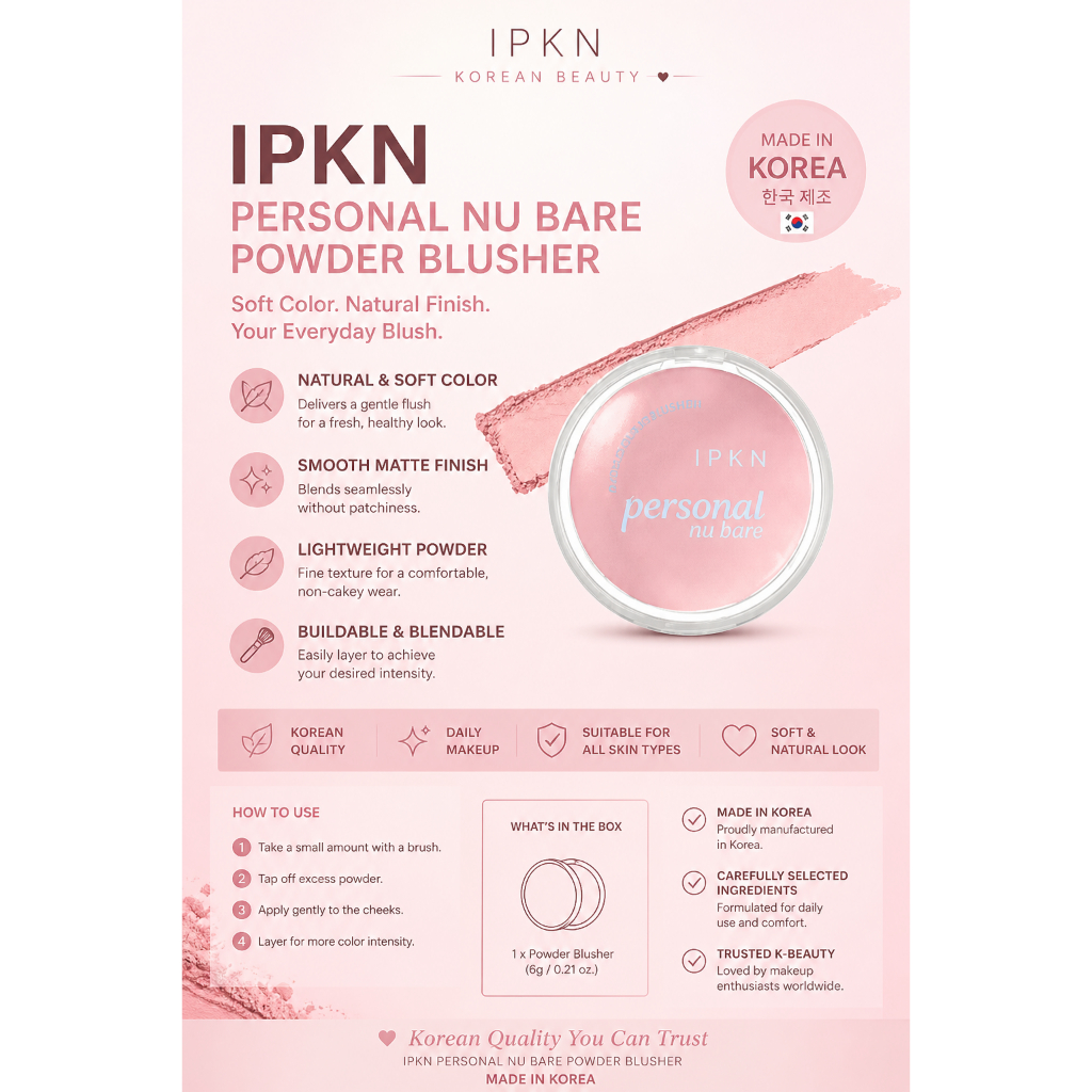 IPKN Personal Nu Bare Powder Blusher Natural Matte Finish Soft Buildable Cheek Color Trang điểm
