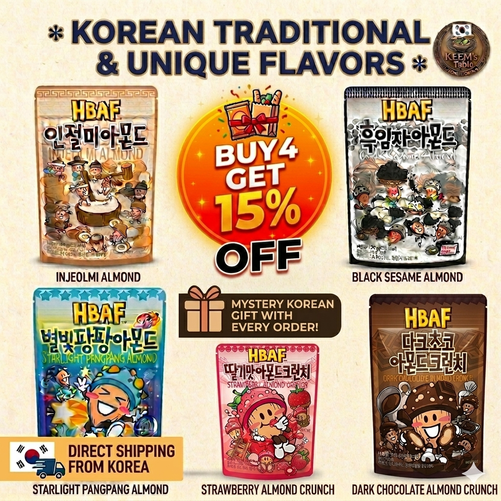 Hạt hạnh nhân tẩm vị truyền thống HBAF Hàn Quốc Injeolmi Black Sesame Starlight Pangpang Strawberry 