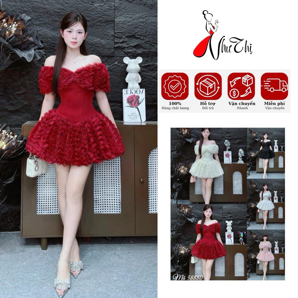 C186 Đầm ngắn trễ vai ren lưới lượn sóng bồng bềnh