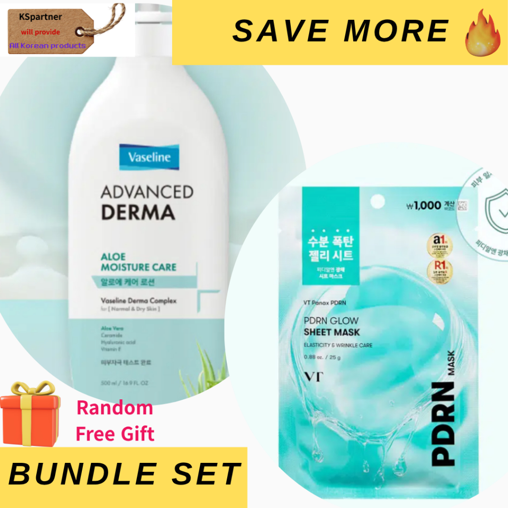 VT PDRN Glow Mask + Vaseline Derma Daily Aloe Care Lotion / Hydration Radiance Glow Boost Mask Care