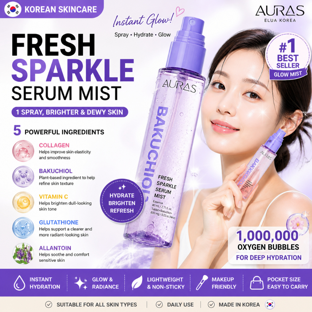 AURAS Fresh Sparkle Serum Mist 80ml Hydrating Glow Mist Vitamin C Collagen Skincare