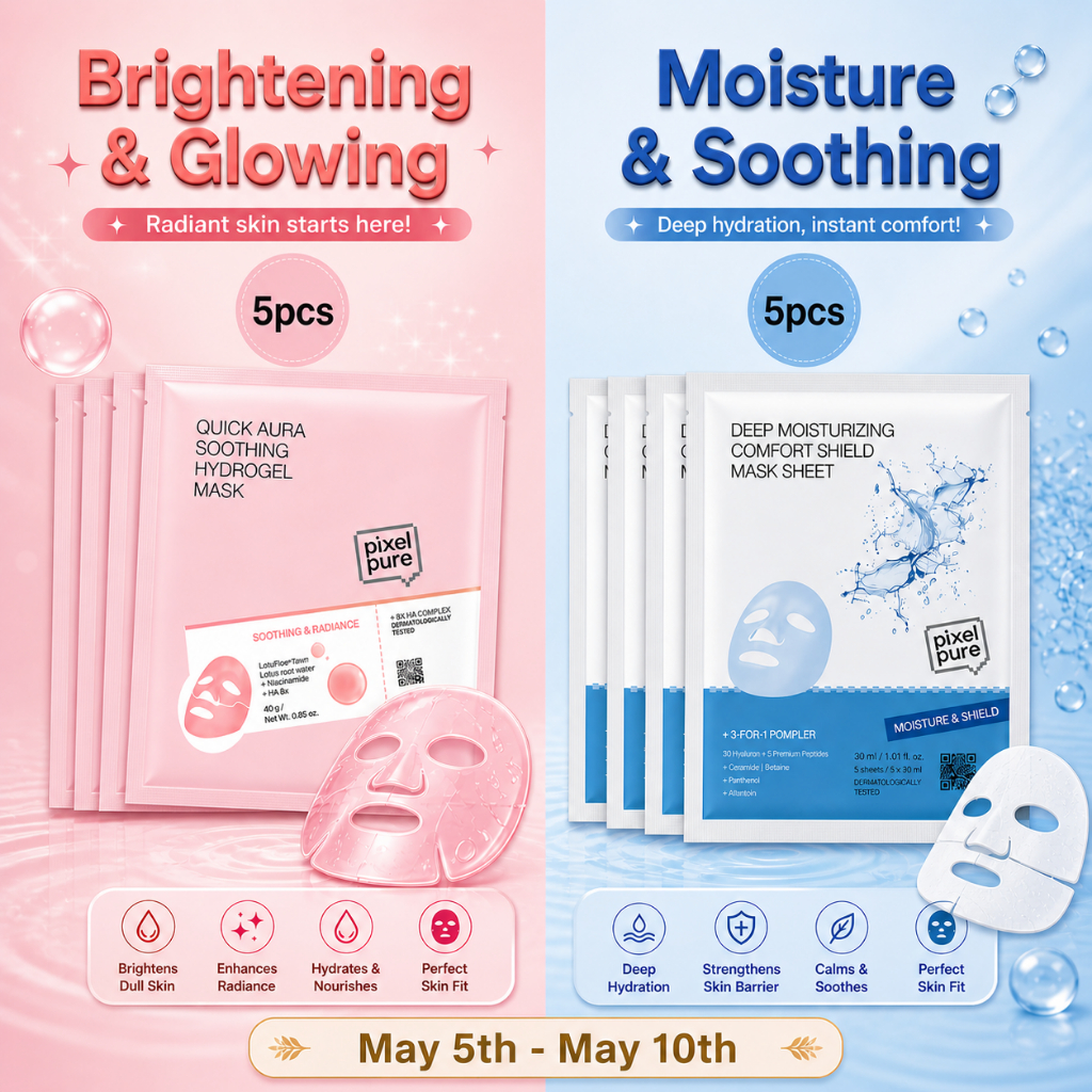 Mặt nạ Hydrogel làm dịu da Pixelpure Quik Aura (5 chiếc) + Mặt nạ bảo vệ Comport dưỡng ẩm sâu (5 chi