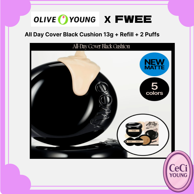 Fwee All Day Cover Black Cushion 13g + Refill + 2 Puffs (Bộ), Kem nền đệm có độ che phủ cao 5 sắc th