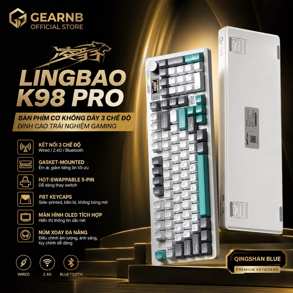 [Hoả tốc] Bàn Phím Cơ LINGBAO K98 Pro 98 Phím | 3 Mode Bluetooth/2.4G/Wired | RGB | Hotswap | Pin Lớ