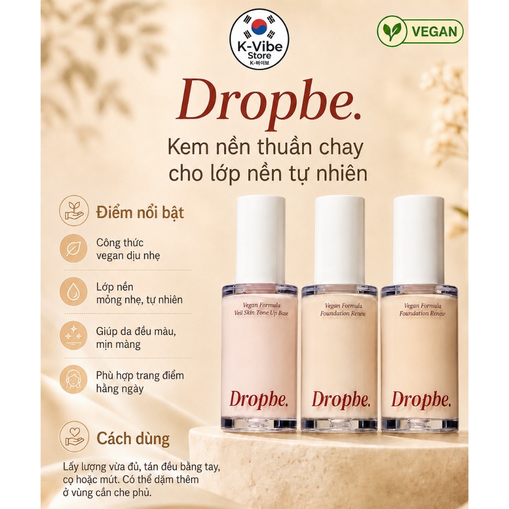 Dropbe Vegan Formula Foundation Renew là kem nền thuần chay với thiết kế tối giản, hiện đại, mang đế