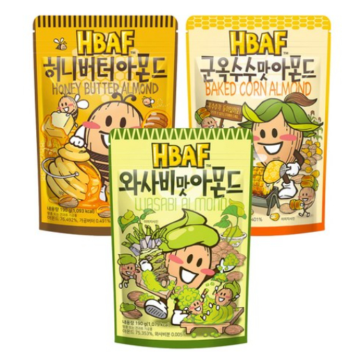 HBAF Hạnh Nhân Đa Dạng Gói Bơ Mật Ong Wasabi Rang Ngô 190g x3 Món Ăn Nhẹ Hàn Quốc Ngọt Savory Bộ Quà