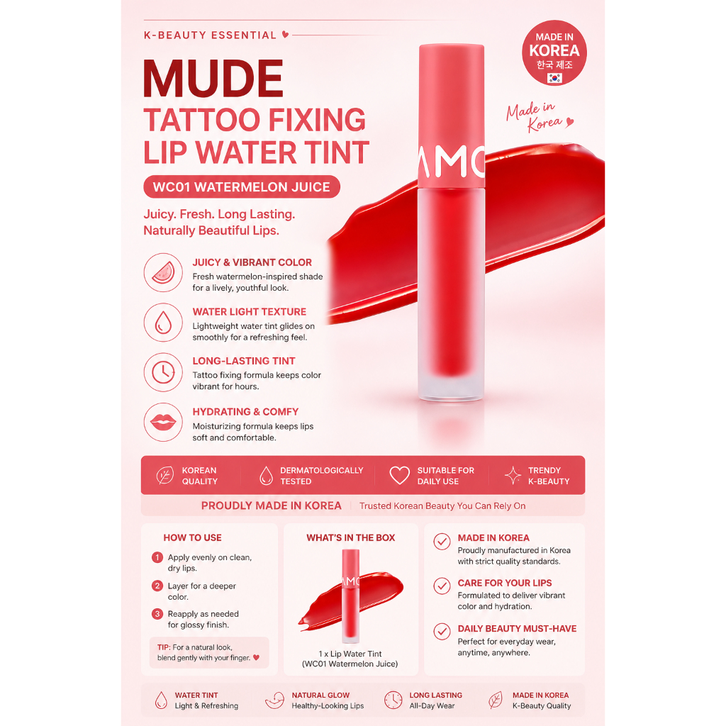 Mude Tattoo Fixing Lip Water Tint WC01 Nước dưa hấu Nước lâu trôi Hydrating Son bóng Tint