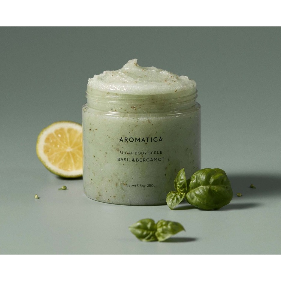[Aromatica] Tẩy tế bào chết cơ thể kết hợp vật lý & hóa học Aromatica Sugar Body Scrub Basil & Berga