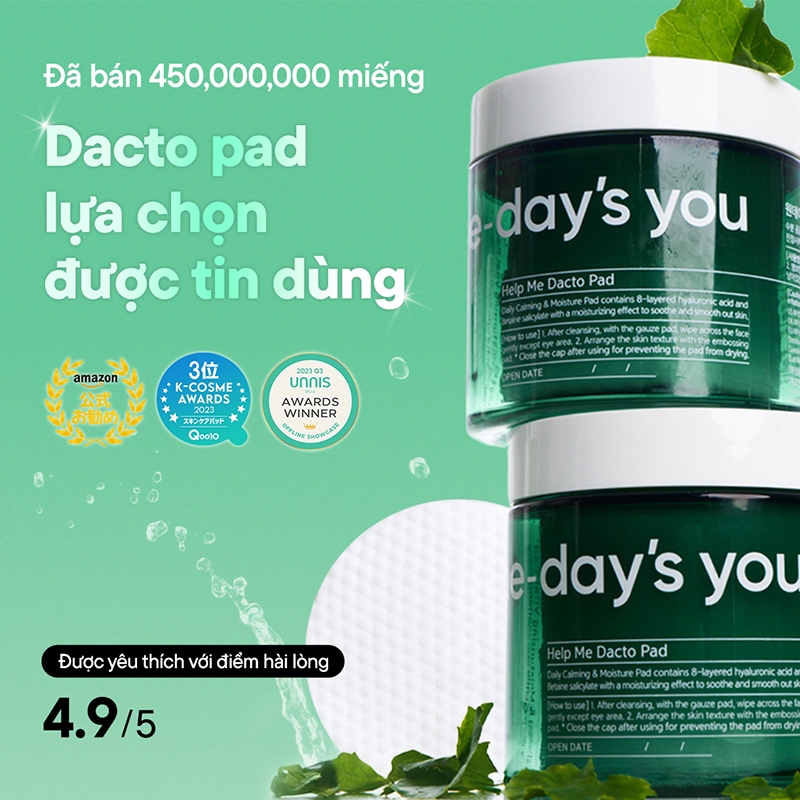 [Toner Pad] Bông Đắp Toner Thuần Chay Dịu Da/ Giảm Mụn | ONE DAY'S YOU Help Me Dacto Pad (60 Miếng)