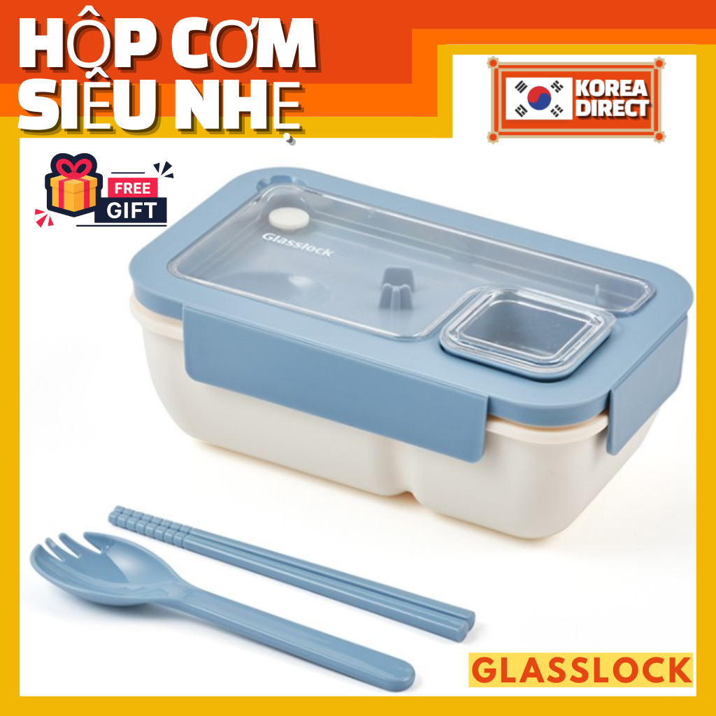 [Glasslock] Hộp cơm trưa nắp trong suốt 850ml | Hộp Bento siêu nhẹ kèm hộp đựng nước sốt & Bộ thìa