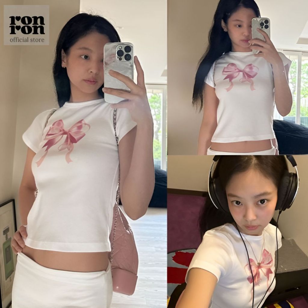 [RONRON] Blackpink Jennie's Pick ÁO THUN RIBBON SLIM CROP ĐÔI / 4 màu Chính hãng 100%