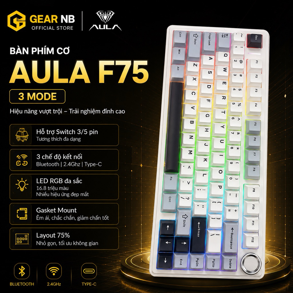 [Hoả tốc] Bàn phím cơ Aula F75 full phím mạch xuôi LED RGB 3 mode kết nối hotswap 5 pin bàn phím Aul