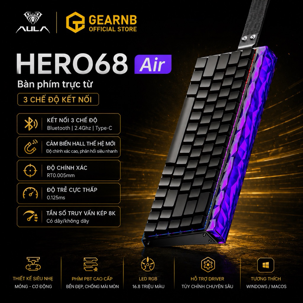 [Hoả tốc] AULA HERO 68 HE Hall Effect Rapid Trigger 0.01mm – Bàn Phím Cơ Gaming 68% RGB Cao Cấp