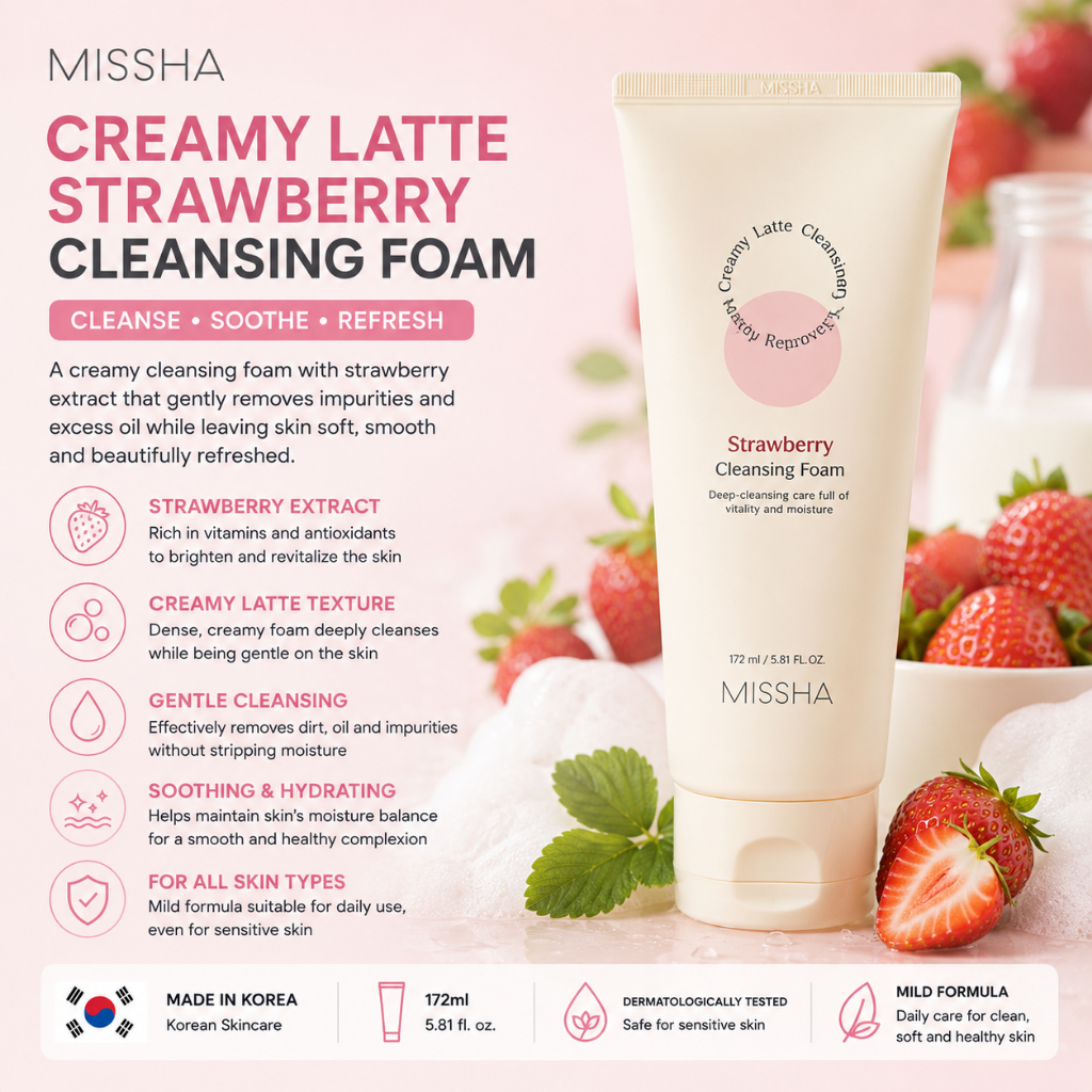 HÀN QUỐC [MISSHA] Kem Latte Dâu Sữa Rửa Mặt 172ml Sữa Rửa Mặt Hàn Quốc Làm Sạch Sâu Hương Dâu