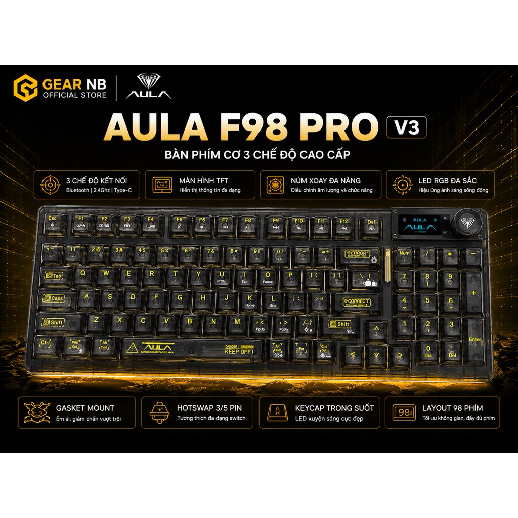[Hoả tốc] Bàn phím cơ AULA F98 Pro V3 3 Mode | TFT Screen | RGB Full Key | Hot Swap | Bluetooth 2.4G USB | Gaming Custom