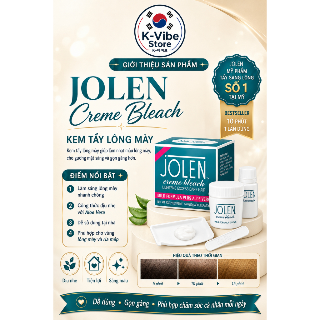 Jolen Kem tẩy lông mày nhẹ + Bộ bột tẩy trắng nhẹ, chiết xuất lô hội