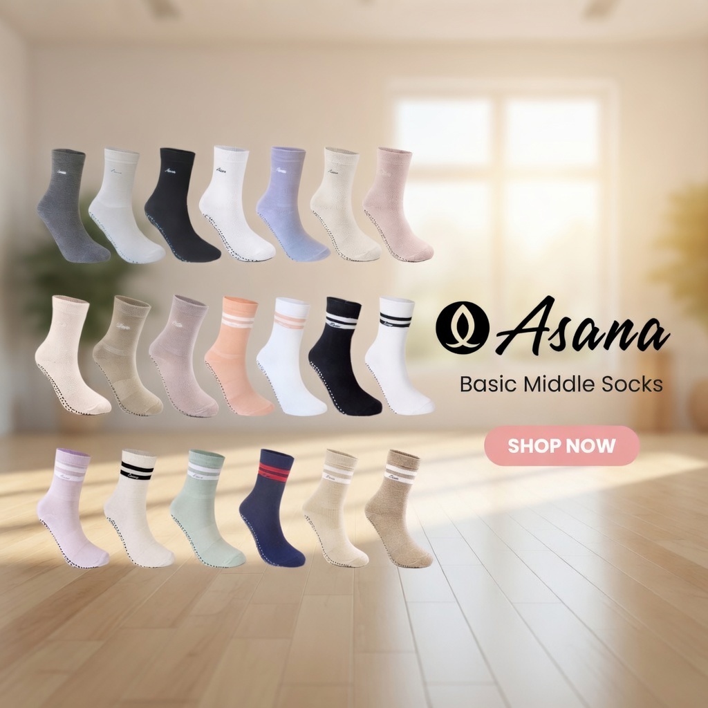 [Asana] Tất Giữa Cơ Bản, 20 Màu, Tất Tập Yoga Pilates Chống Trơn Trượt Cho Nữ, Tất Hàn Quốc