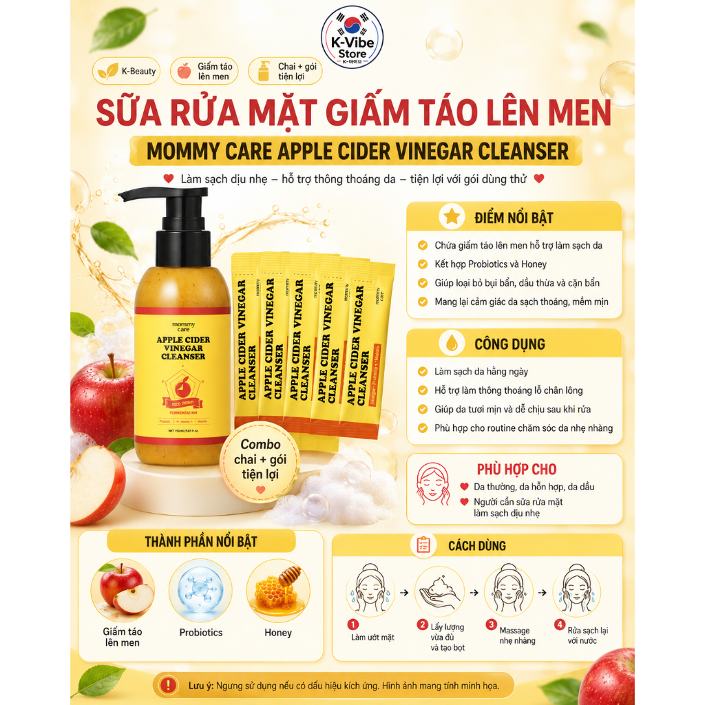 [K-Vibe Store] Sữa rửa mặt giấm táo Mommy Care Apple Cider – Sữa rửa mặt giấm táo