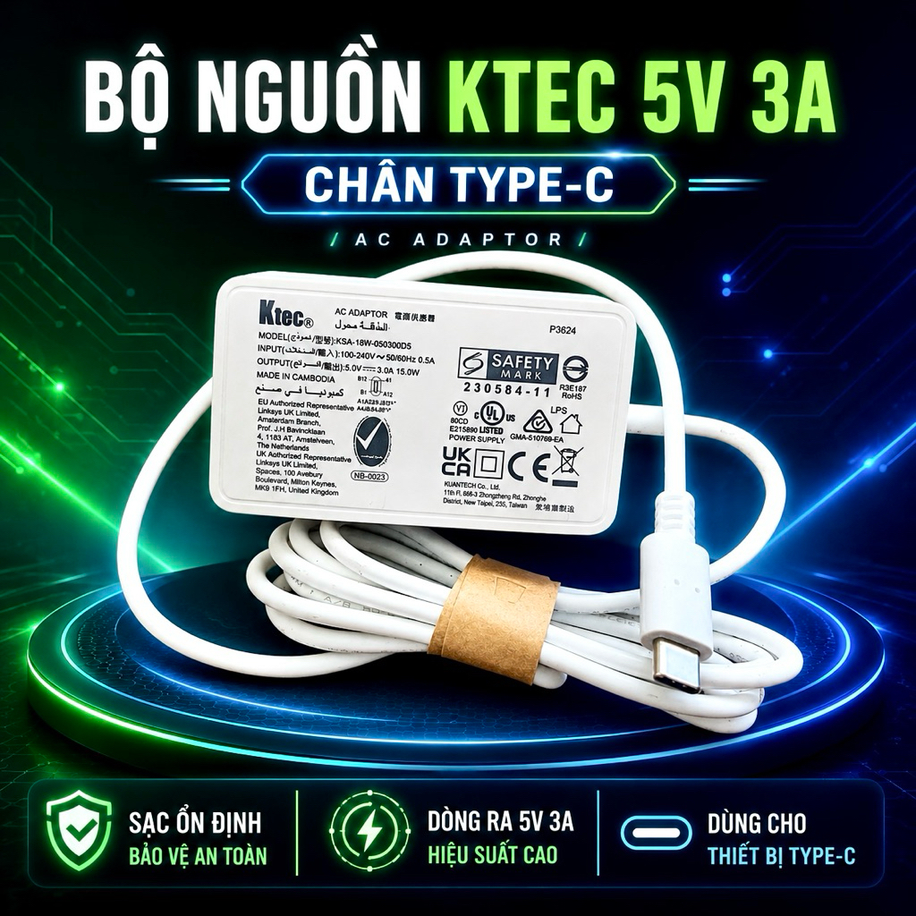Adapter Ktec  5V 3A – Nguồn chân cắm type C