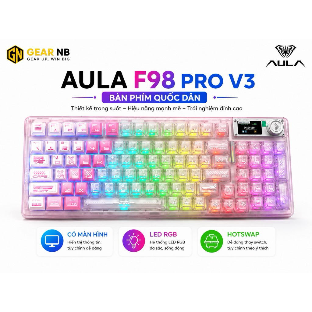 [Hoả tốc] Bàn phím cơ AULA F98 Pro V3 3 Mode | TFT Screen | RGB Full Key | Hot Swap | Bluetooth 2.4G