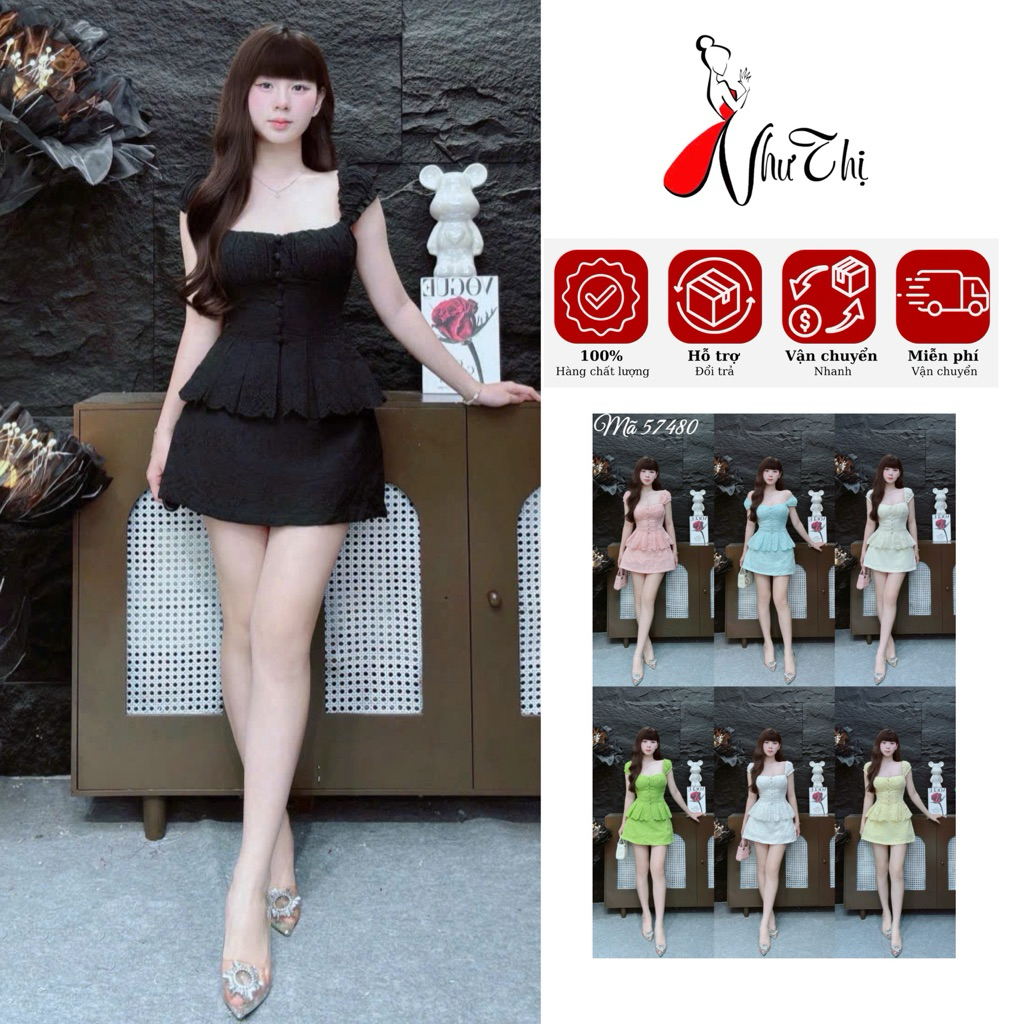 C222 Sét áo tay tiên + chân váy ngắn chữ A vải xô thêu