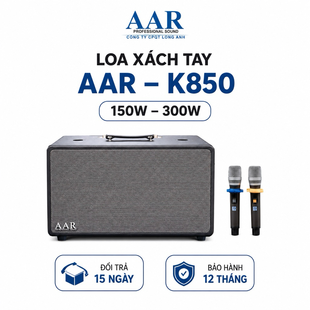 Loa Karaoke Xách Tay AAR K850 300W Kèm 2 Micro Không Dây UHF - Bluetooth 5.0, Pin Sạc, Hỗ Trợ USB/AU