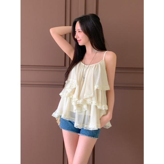 SIA SEOUL Cao Cấp Ren Ruffle Áo Sơ Mi Nữ Lãng Mạn K-Style Layered Flare Tank Top