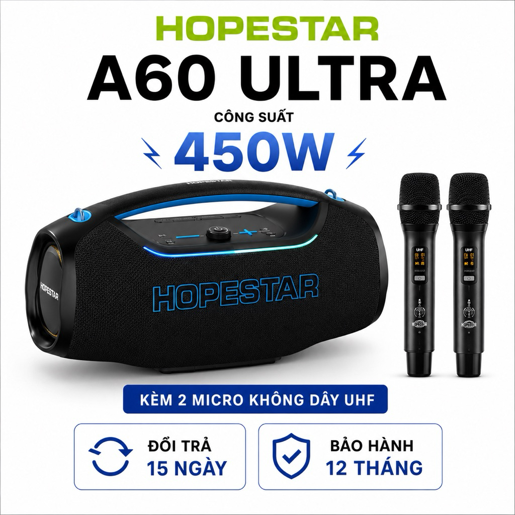 Loa Bluetooth Karaoke HOPESTAR A60 ULTRA 450W Kèm 2 Micro UHF Không Dây, Pin Rời 32000mAh, Bluetooth