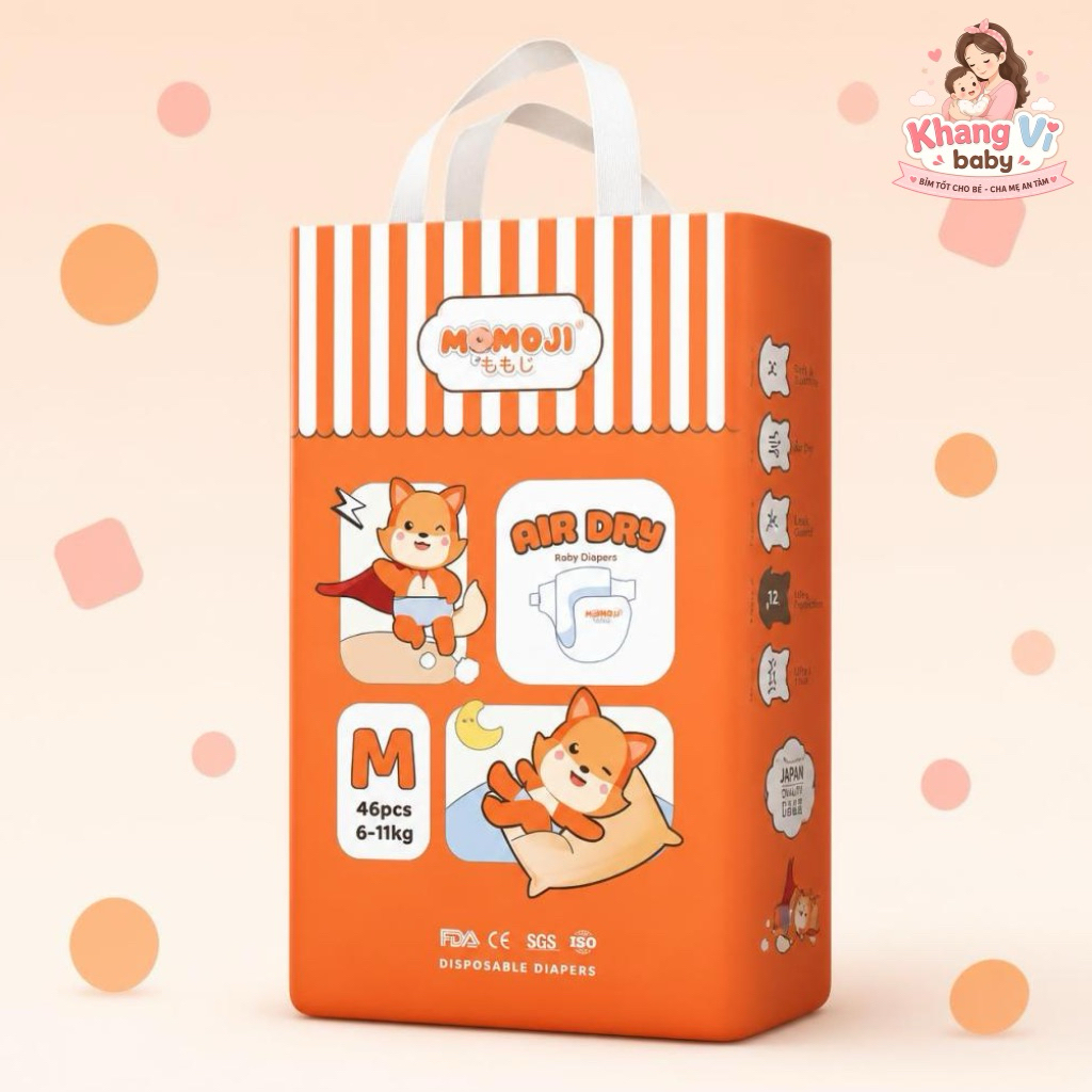 Tã bỉm Momoji Air Dry mỏng mềm mại, chống tràn, an toàn, siêu thấm NB/S/M/L/XL/XXL/XXXL