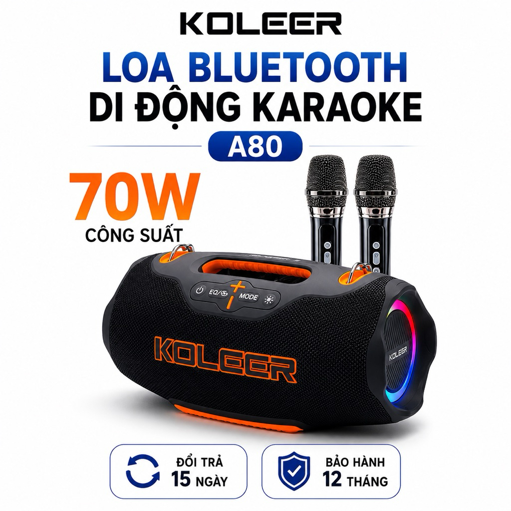 Loa Bluetooth Karaoke KOLEER A80 70W Kèm 2 Micro Không Dây | Bluetooth 5.3 | Pin 8000mAh | Đèn LED R