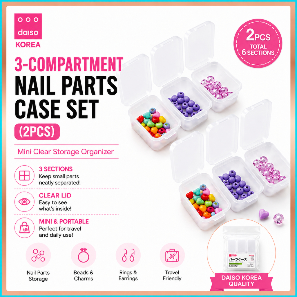 Bộ vỏ phụ tùng móng tay 3 ngăn Daiso Korea (2 chiếc) | Tổ chức lưu trữ trong suốt Mini