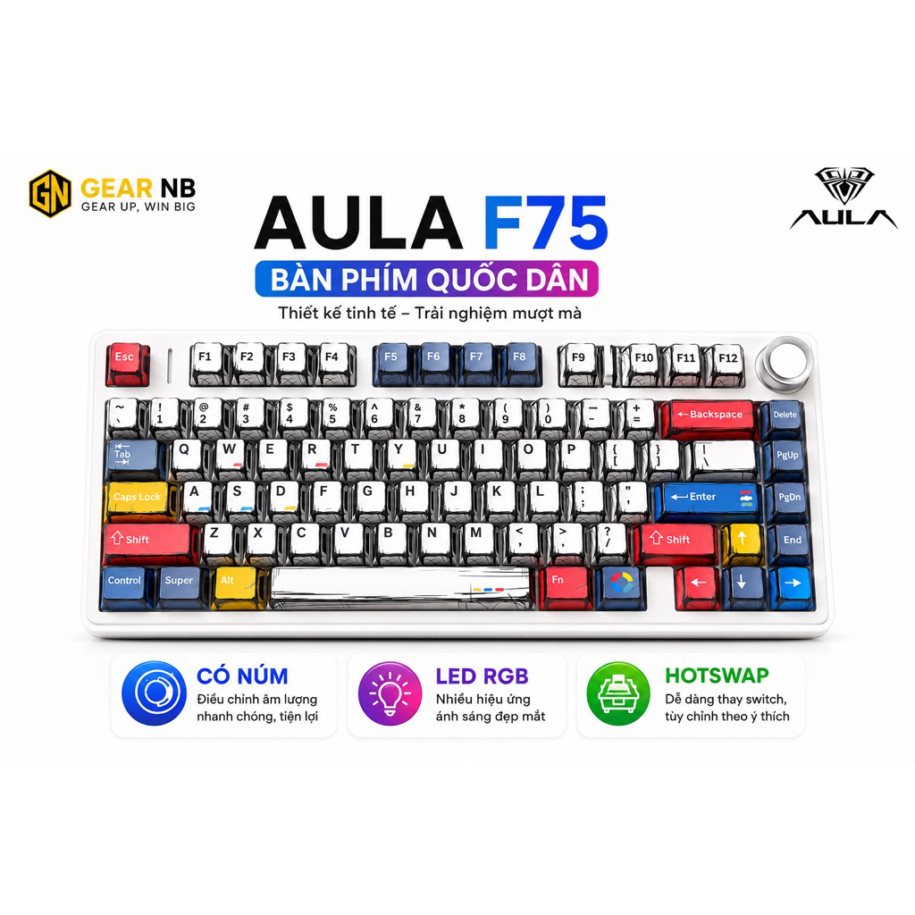 [Hoả tốc] Bàn phím cơ Aula F75 full phím mạch xuôi LED RGB 3 mode kết nối hotswap 5 pin bàn phím Aula F75