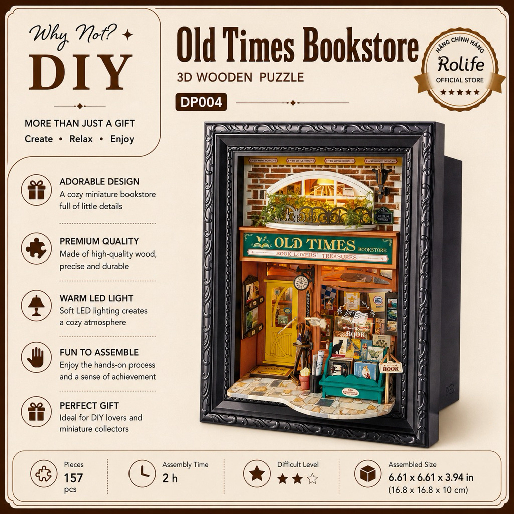 Old Times Bookstore - Rolife (DP004) - Mô Hình Lắp DIY Ráp 3D - Mô Hình Lắp Ráp Treo Tường Trang Trí