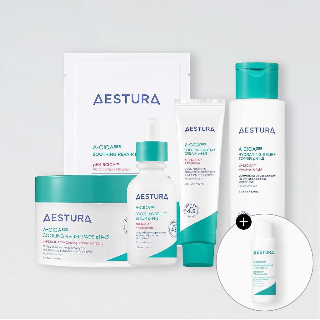 AESTURA A-CICA 365 pH4.5 Repair Cream, Hydrating Toner, Soothing Serum, Cooling Pad, Soothing Mask