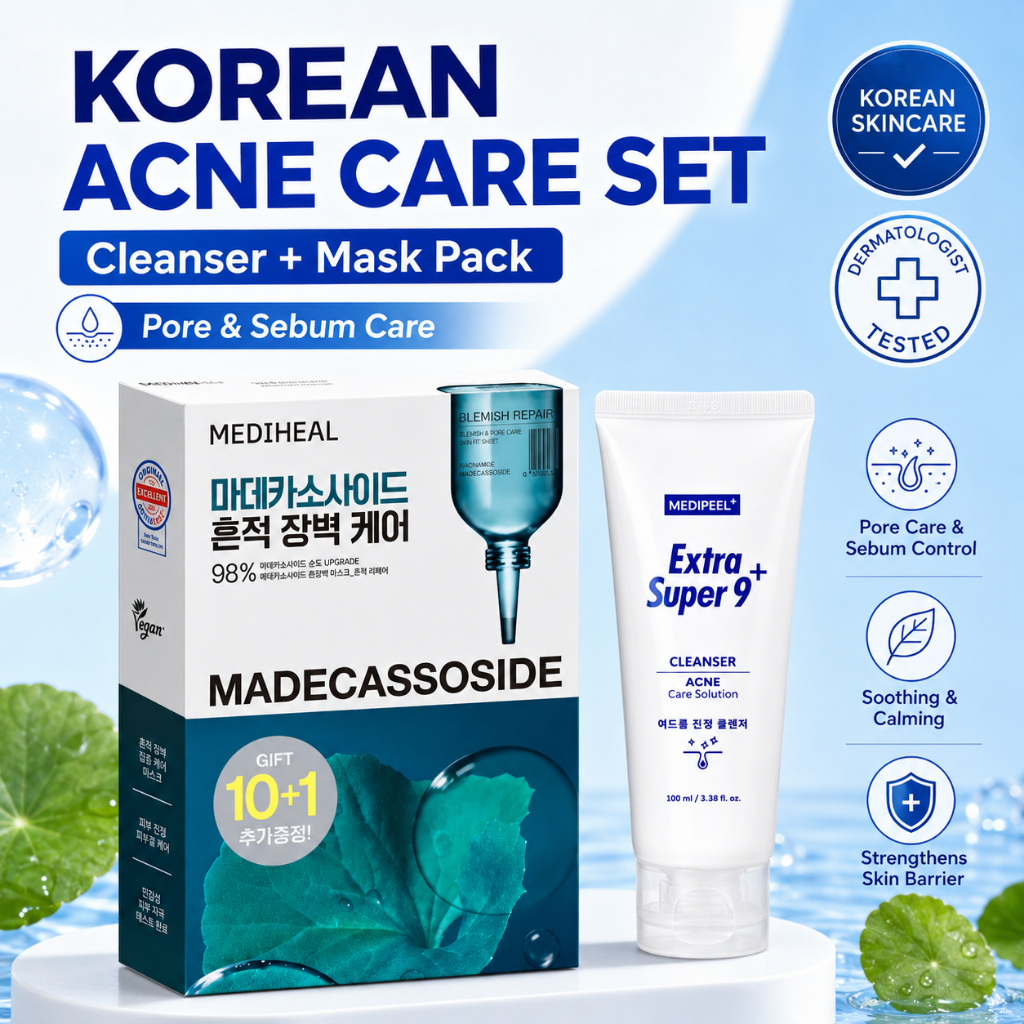 Bộ chăm sóc mụn & lỗ chân lông Hàn Quốc MEDIPEEL Extra Super 9 + Sữa rửa mặt + Bộ mặt nạ MEDIHEAL